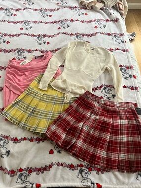 Cute Plaid Mini Skirts + Pink Top & Cream Knit Bodysuit